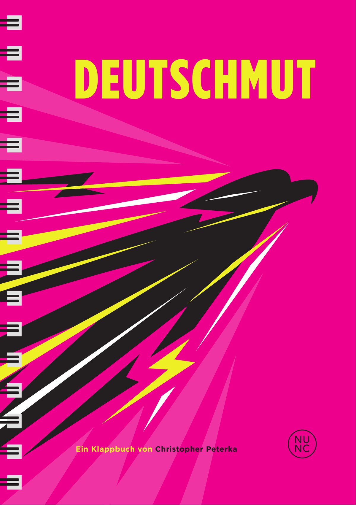Cover der Standard-Ausgabe von DEUTSCHMUT: magentafarbenes Klappbuch mit Wire-O-Bindung, gelber Titel, schwarzer Adler aus Blitzen