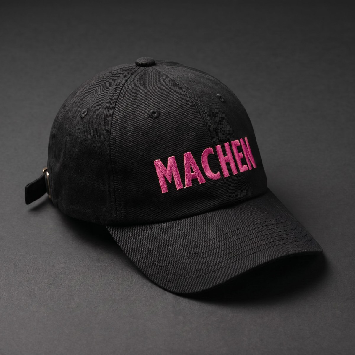 Machen Cap: schwarze Dad Cap mit „MACHEN“ in Magenta gestickt