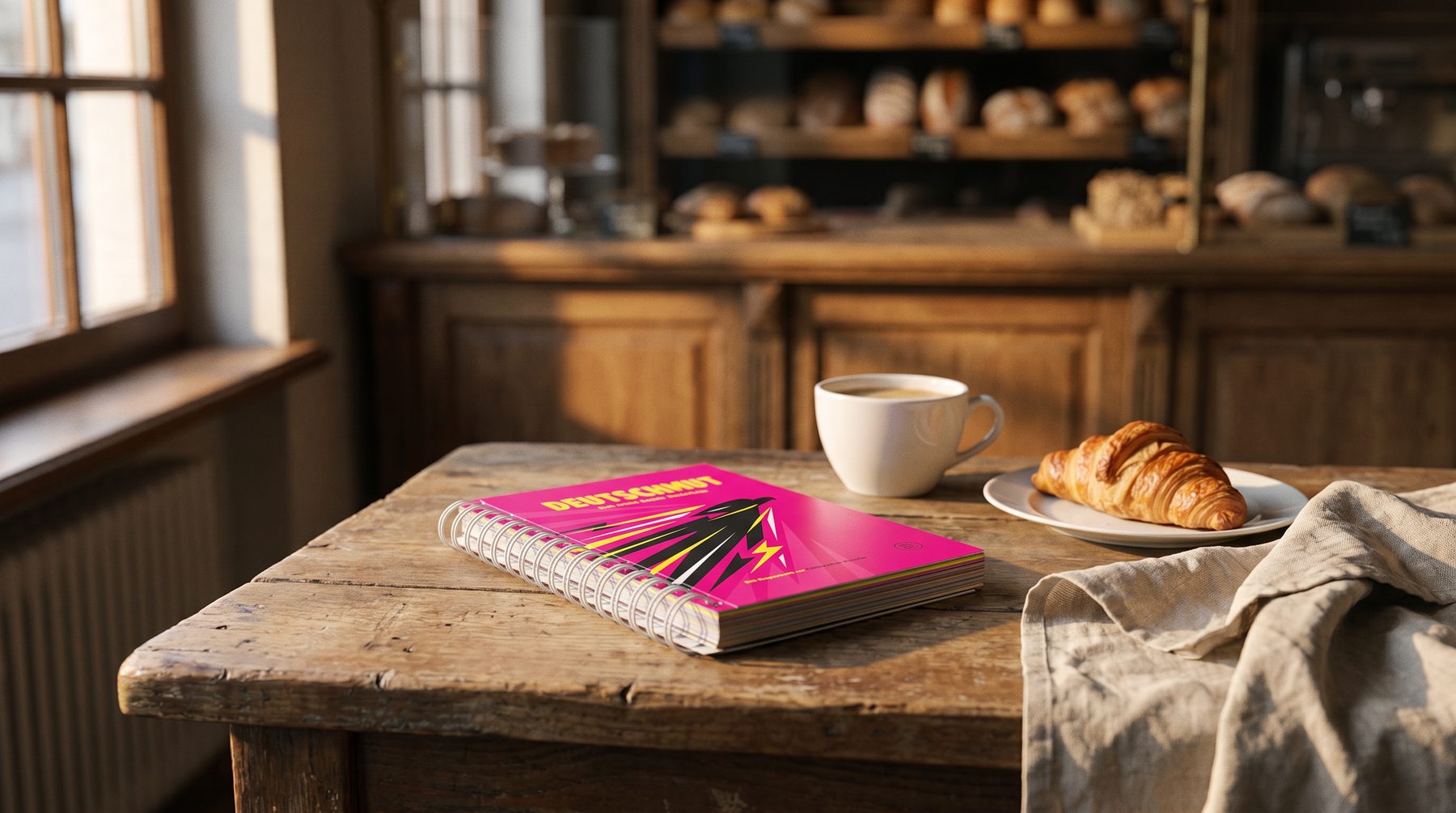 DEUTSCHMUT auf einem alten Holztisch in einer Bäckerei, daneben Kaffee und Croissant im Morgenlicht
