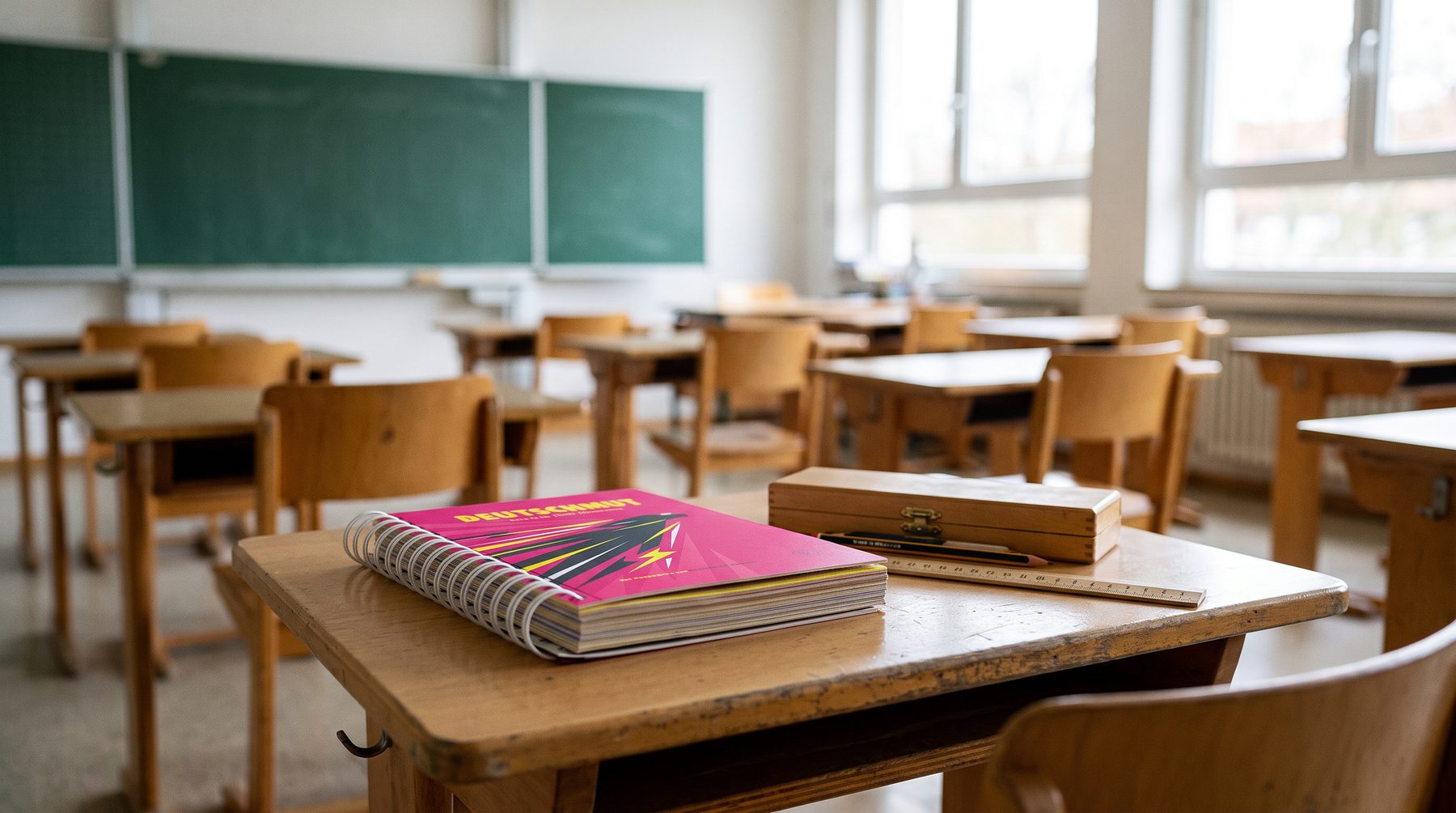 DEUTSCHMUT auf einem Schulpult in einem leeren Klassenzimmer mit grüner Tafel und Holzstühlen