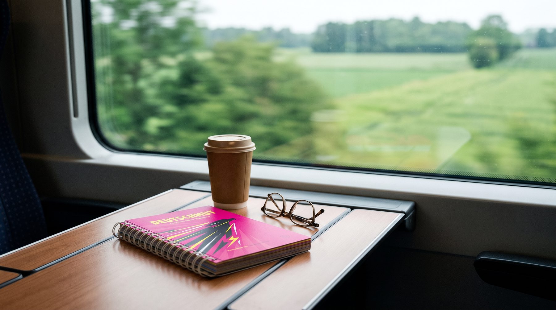 DEUTSCHMUT-Buch auf einem Tisch im Zugabteil